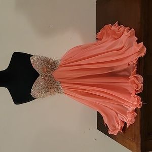 Formal Strapless Peach & Silver Rhinestone Dress. Size 6